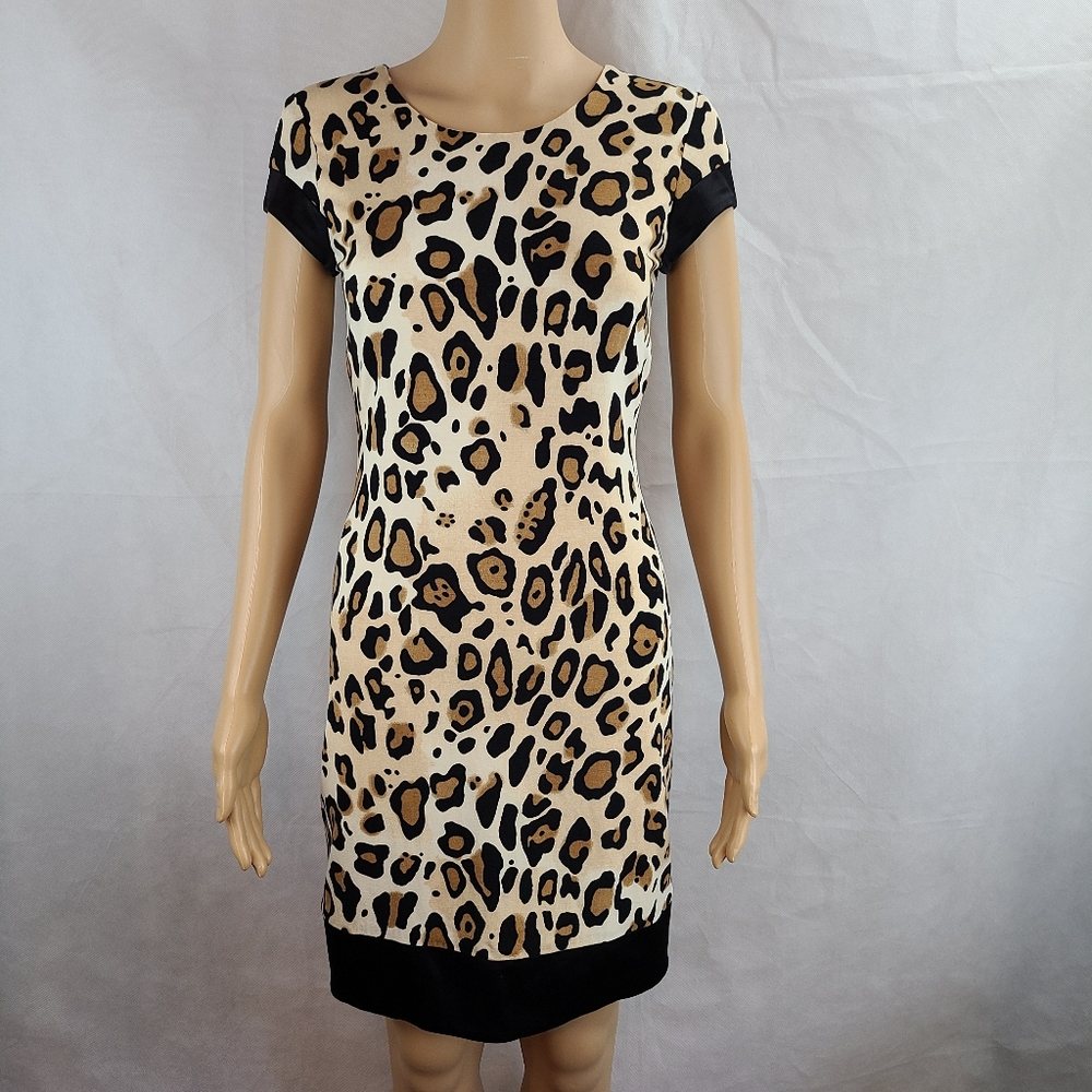 Cache Women (2) Black, Brown, Beige Leopard Print Silk Blend Short Sleeve Dress